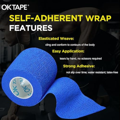 OK TAPE 12 Rolls Self Adhesive Bandage Wrap, Elastic Athletic Tape, Self Stick Bandage Tape, Vet Wrap, Medical Wrap for Wrist, Feet, 2" x 5 Yards - Blue