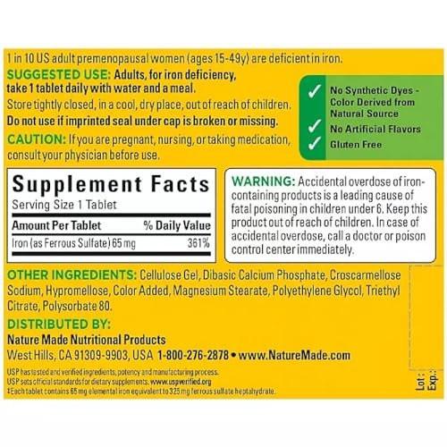 Nature Made Iron 65 mg (from Ferrous Sulfate) Tablets for Red Blood Cell Formation (365 ct.) - görsel 6