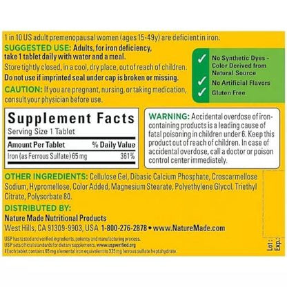 Nature Made Iron 65 mg (from Ferrous Sulfate) Tablets for Red Blood Cell Formation (365 ct.)
