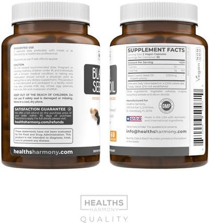 Black Seed Oil - 60 Softgel Capsules (Non-GMO & Vegan) Premium Cold-Pressed Nigella Sativa Producing Pure Black Cumin Seed Oil with Vitamin E - 500mg Each, 1000mg Per 2 Capsule Serving