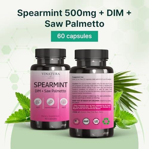 VINATURA Spearmint Capsules Supplement - Spearmint Leaf Extract Enhanced with DIM & Saw Palmetto, for Unwanted Hair, Women Health & Skin, USA Made & Tested, 60 Capsules - görsel 7