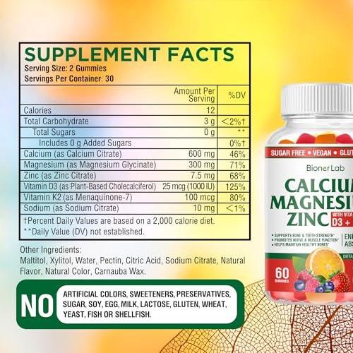 BionerLab Calcium Magnesium Zinc Gummies with Vitamin D3 & K2 - High Absorption Complex with Magnesium Glycinate Calcium Zinc Citrate for Bone Muscle & Immune Health - Sugar-Free Orange Berry Flavored - görsel 2