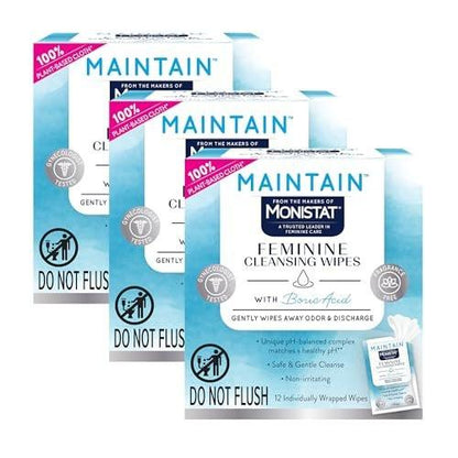 Monistat Maintain Boric Acid Feminine Wipes, Fragrance-Free, Non-Irritating and pH-Balanced Wipes for Women, Individually Wrapped Feminine Care, 12 Count, Pack of 3