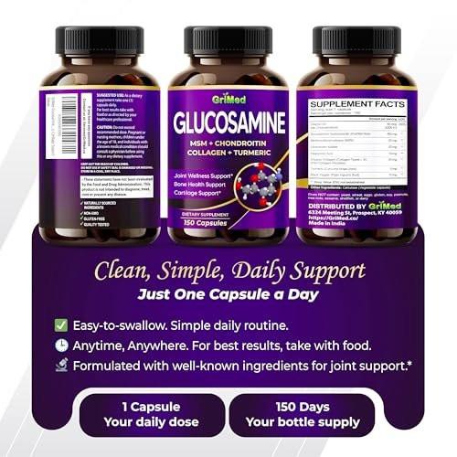 GriMed Glucosamine Capsules with MSM, Chondroitin, Collagen, Turmeric, Hyaluronic Acid & Vitamin D3, Joint Wellness Support, 150 Count - görsel 6