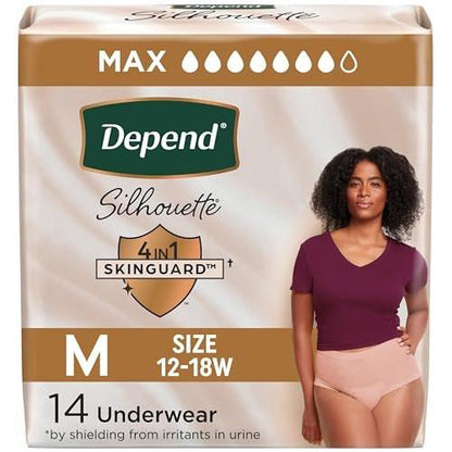 Depend Silhouette Adult Diapers for Women - Maximum Absorbency Incontinence & Postpartum Bladder Leak Underwear, Medium, Pink, 14 Count