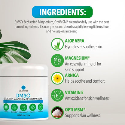 Dr. Robaina DMSO Cream - 99.9% Pure DMSO Pharmaceutical Grade | Formula with Zechstein Magnesium, Arnica, Aloe Vera, Vitamin E - 4 oz