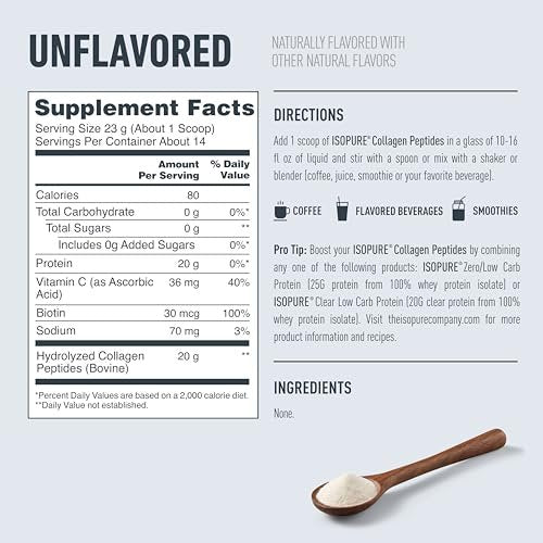 Isopure 20g Grass-Fed Collagen Peptides with Biotin + Vitamin C – Supports Skin, Hair, Nails & Joint Health – Unflavored, Keto Friendly Collagen Powder, 14 Servings - görsel 9