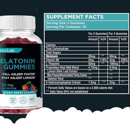BionerLab Melatonin Gummies (30mg) Enhanced with L-theanine & Vitamin B6 for Adult Women Men - Extra Strength Chewables Calm Gummy - Gluten Free