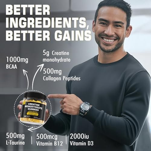 EnvyCure Creatine Monohydrate Gummies for Men & Women - with BCAA, Collagen Peptides, L-Taurine, Vitamin B12, D3, Creatine Monohydrate 5000mg (5g) Per Serving, Lemon Flavor, Sugar Free, 1 Pack - görsel 6