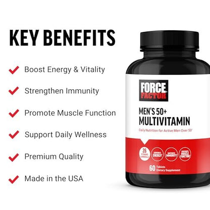 Force Factor Men’s Multivitamin 50 Plus, Multivitamin for Men with 26 Vitamins and Minerals, and Phytonutrients to Support Energy, Immunity, and Muscle Function, 60 Tablets