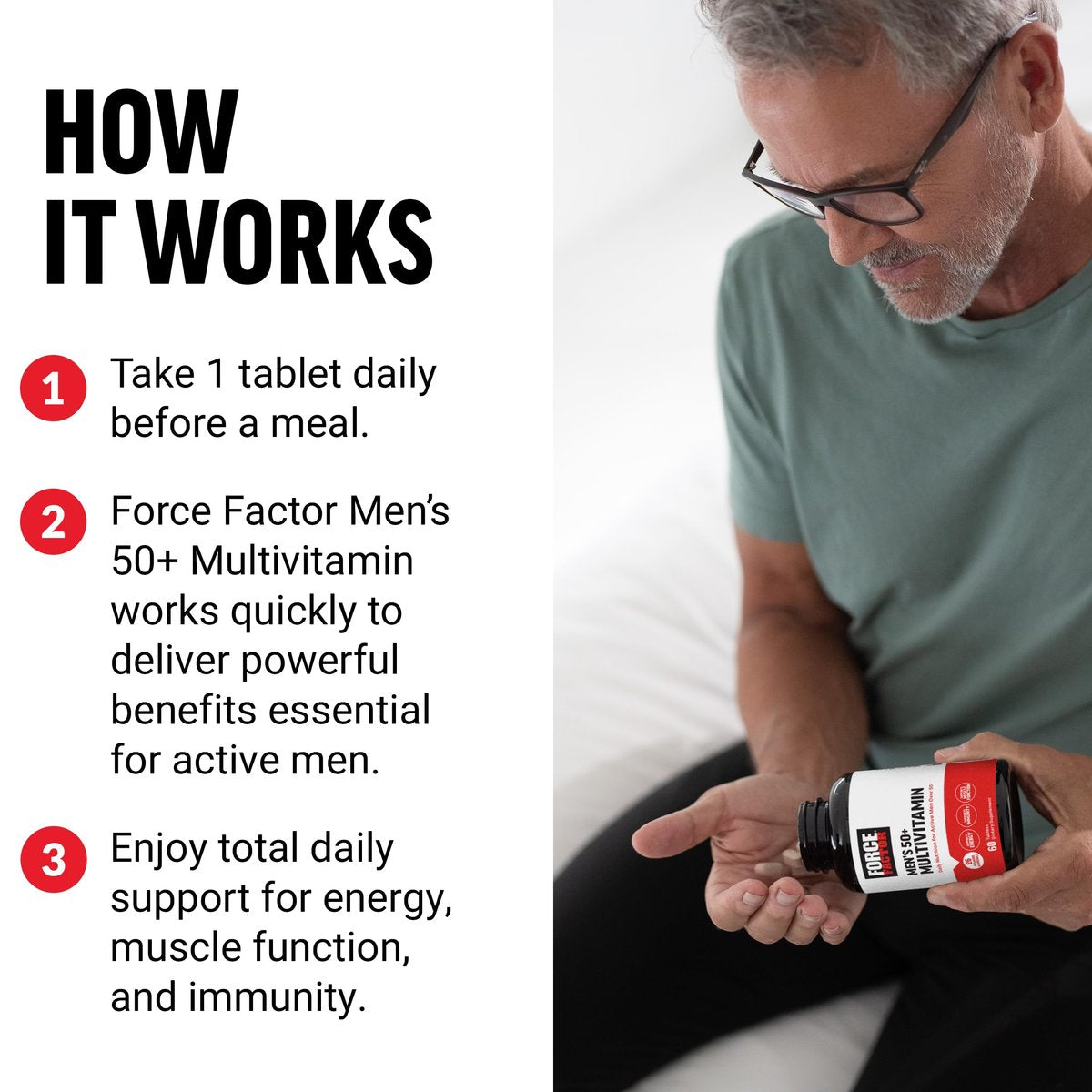 Force Factor Men’s Multivitamin 50 Plus, Multivitamin for Men with 26 Vitamins and Minerals, and Phytonutrients to Support Energy, Immunity, and Muscle Function, 60 Tablets - görsel 7