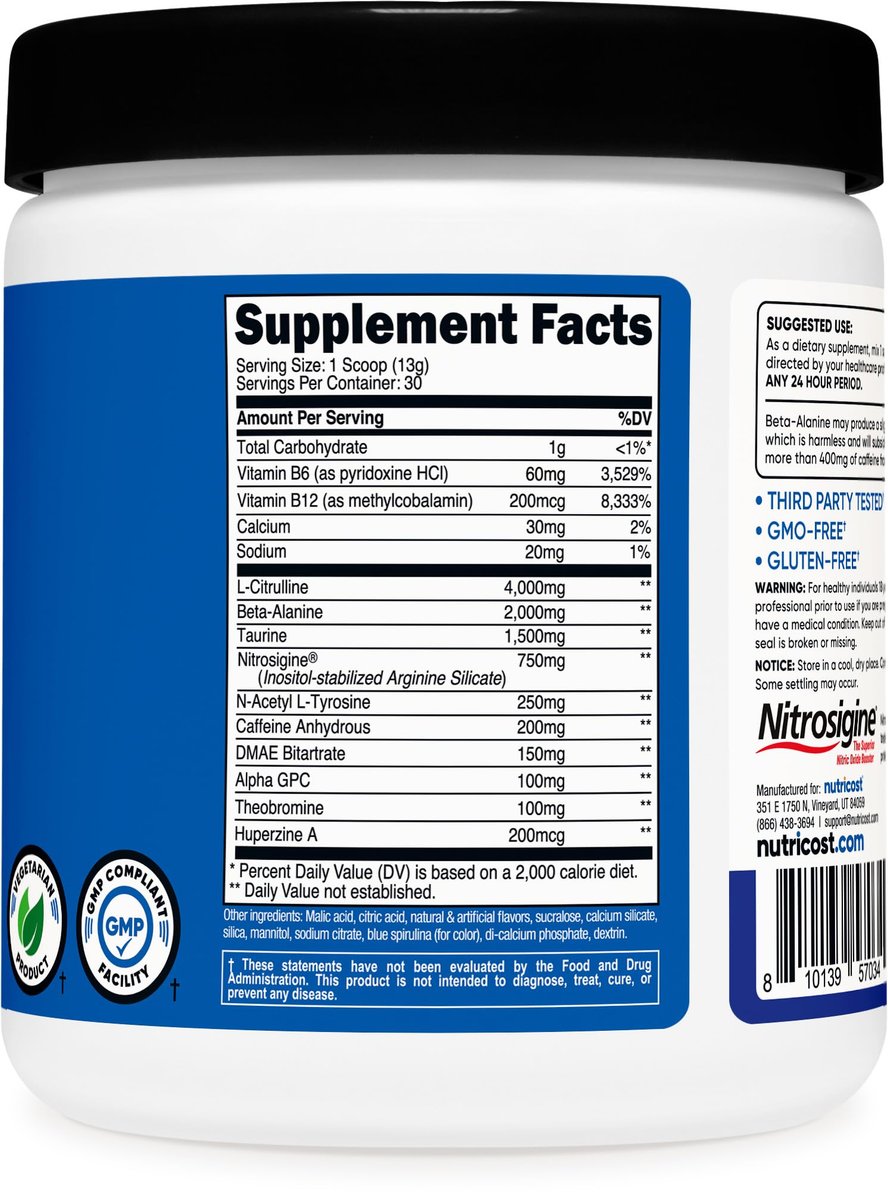 Nutricost Pre-Workout Complex Powder (30 – Beta-Alanine: Helps buffer lactic acid in muscles, reducing fatigue and – Image 1