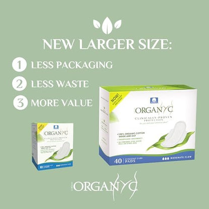 Organyc - 100% Certified Organic Cotton Inside and Out Feminine Pads, Sanitary Napkin 40 Count, Moderate Flow, Regular Absorbency, New Larger Size Packaging