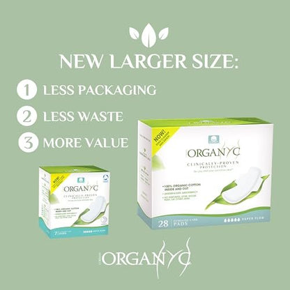 Organyc - 100% Certified Organic Cotton Inside and Out Feminine Pads, Sanitary Napkin 40 Count, Moderate Flow, Regular Absorbency, New Larger Size Packaging