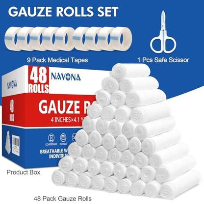 Navona 48 Pack Gauze Rolls 4 in x 4.1 Yards, Individually Wrapped Rolled Gauze Breathable, Mummy Wraps, Gauze Wrap Roll for Wounds