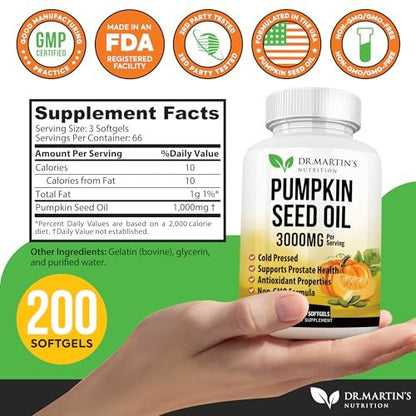 3000mg Pumpkin Seed Oil Capsules | DHT Blocker For Prostate & Hair Growth Supports | Cold Pressed with Essential Fatty Acids & Phytosterols, Supports Urinary & Skin Health Omega 3 6 9, 200 Softgels