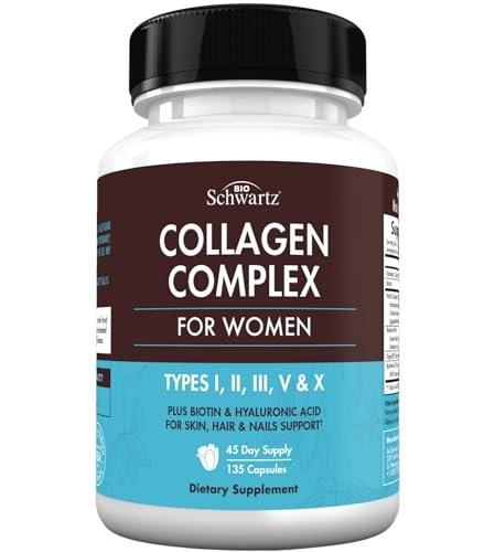 BioSchwartz Hydrolyzed Collagen Peptide Capsules - Multi Collagen Supplements for Women Types I, II, III, V, X with Vitamin C, Biotin, Keratin and Hyaluronic Acid for Skin, Hair & Nails - 135ct - görsel 1