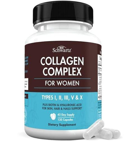 BioSchwartz Hydrolyzed Collagen Peptide Capsules - Multi Collagen Supplements for Women Types I, II, III, V, X with Vitamin C, Biotin, Keratin and Hyaluronic Acid for Skin, Hair & Nails - 135ct