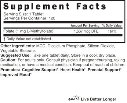 Nutri 5-MTHF L Methylfolate 1MG - 4 Month Supply, 120 Vegan Tablets - Methylated Folate Supplement - Cognitive Function, Heart Health, Prenatal Support - 3rd Party Tested - NSF Certified Facility