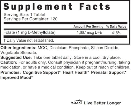 Nutri 5-MTHF L Methylfolate 1MG - 4 Month Supply, 120 Vegan Tablets - Methylated Folate Supplement - Cognitive Function, Heart Health, Prenatal Support - 3rd Party Tested - NSF Certified Facility - görsel 2