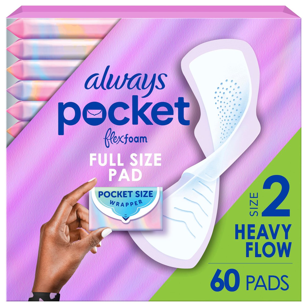 Always Pocket Feminine Pads with FlexFoam, Size 2, Heavy Flow, with Wings, Unscented, 60 Count (3 Packs of 20) - görsel 1
