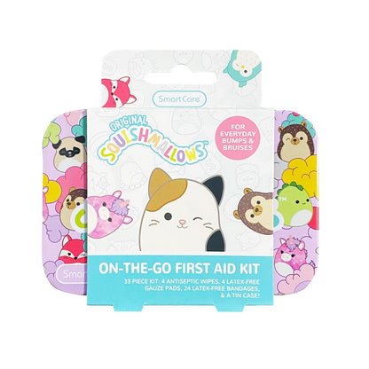 Smart Care Squishmallow First Aid Kit Travel Essentials with Antiseptic Wipes, Cute Bandage Variety Pack for Kids, Latex-Free Gauze Pads and Bandages in Tin Case, 33PC