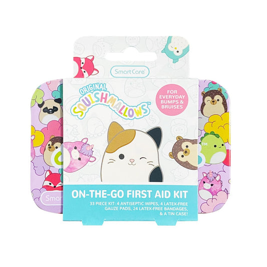 Smart Care Squishmallow First Aid Kit Travel Essentials with Antiseptic Wipes, Cute Bandage Variety Pack for Kids, Latex-Free Gauze Pads and Bandages in Tin Case, 33PC
