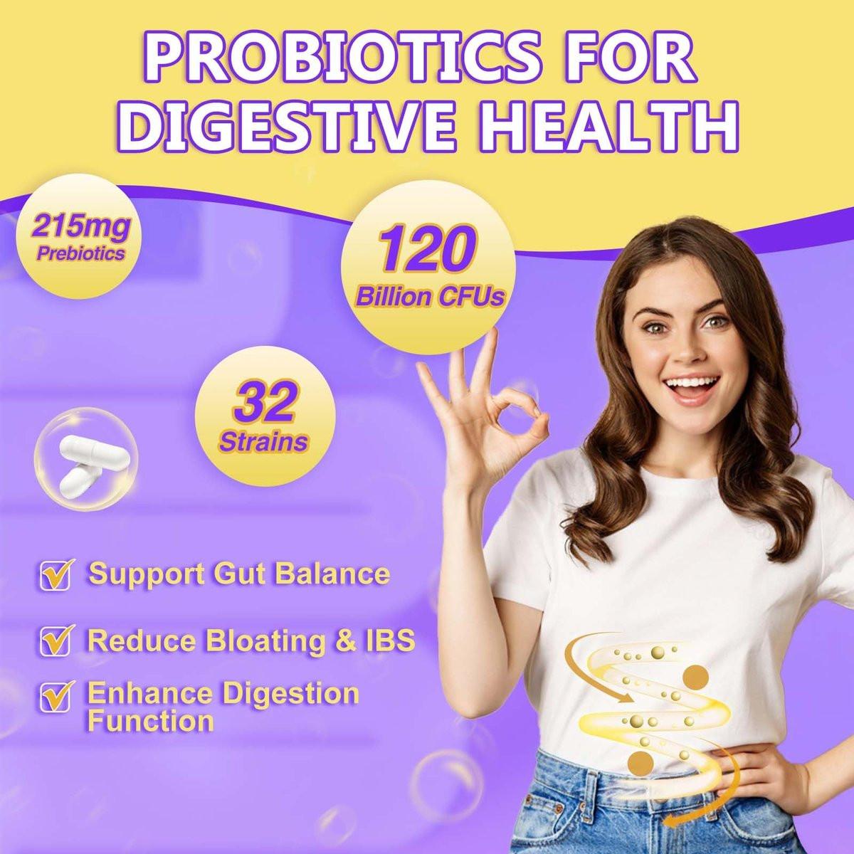 DRFOSTER Probiotics for Women & Men Digestive Health，120 Billion CFUs, Prebiotics and Probiotics for Gut Health, D3, Zinc & Immune Support Herbs, Detox Cleanse, 45 Day - 3 Month Supply - görsel 7
