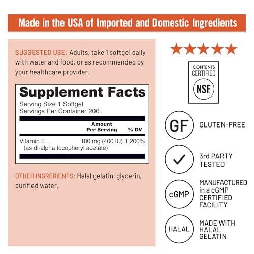 NatureWise Vitamin E 400 IU Softgels (180mg DL-Alpha) - Dairy, Gluten, and Soy Free, Non-GMO Antioxidant Dietary Supplement for Skin, Heart, Eye, and Immune Health Support - 200 Count - görsel 2
