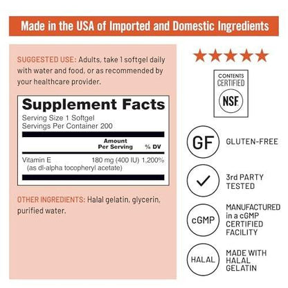 NatureWise Vitamin E 400 IU Softgels (180mg DL-Alpha) - Dairy, Gluten, and Soy Free, Non-GMO Antioxidant Dietary Supplement for Skin, Heart, Eye, and Immune Health Support - 200 Count