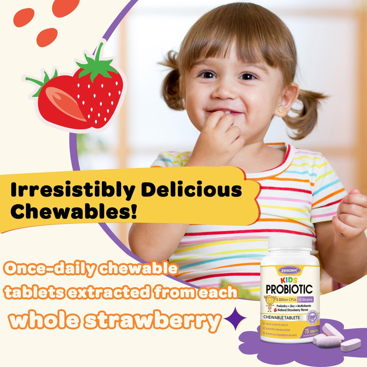 Kids Probiotic Chewables for Digestive Health with 5 Billion CFUs, Prebiotics and Probiotics for Kids for Gut Health, Immune Support, Nutrient Absorb, Vitamin C, Zinc, 75 Servings, Strawberry Flavor - görsel 7