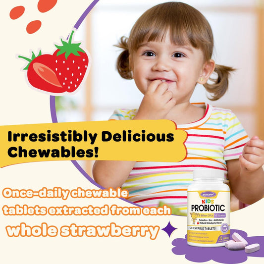 Kids Probiotic Chewables for Digestive Health with 5 Billion CFUs, Prebiotics and Probiotics for Kids for Gut Health, Immune Support, Nutrient Absorb, Vitamin C, Zinc, 75 Servings, Strawberry Flavor