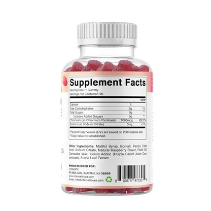 Vitamatic Chromium Picolinate 1000 mcg - 90 Gummies - High Potency Chromium - Raspberry Flavor