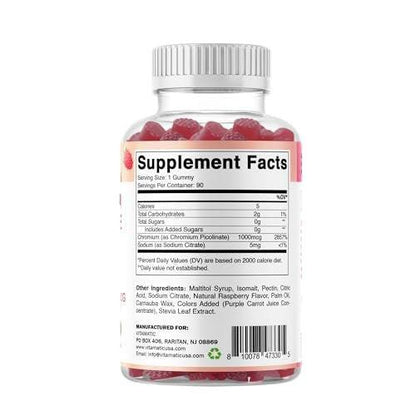 Vitamatic Chromium Picolinate 1000 mcg - 90 Gummies - High Potency Chromium - Raspberry Flavor (Total 180 Gummies) 2 Packs