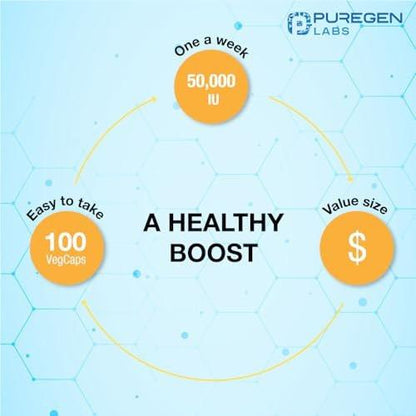 Puregen Labs Vitamin D3 50,000 IU (1250 mcg) 100 Weeks Supply for Healthy Muscle Function, and Immune Support, Non-GMO, Gluten Free - 100 Vegetable Capsules