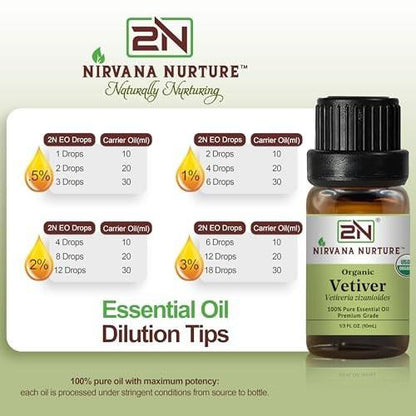 Nirvana Nurture Vetiver Essential Oil, USDA Certified Organic, 100% Pure Undiluted, Aromatherapy Oil for Diffuser, Hair & Skin Care