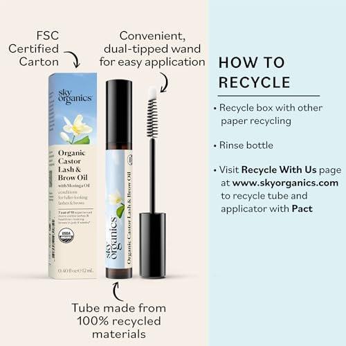 Sky Organics Organic Lash & Brow & Applicator - Eyelash Serum - Castor Oil Organic - Moringa, Amla, Vitamin E - Lashes, Eyebrows - Hair Oil - Self Care, Beauty - Gifts for Women - .4 fl oz, 12mL - görsel 10