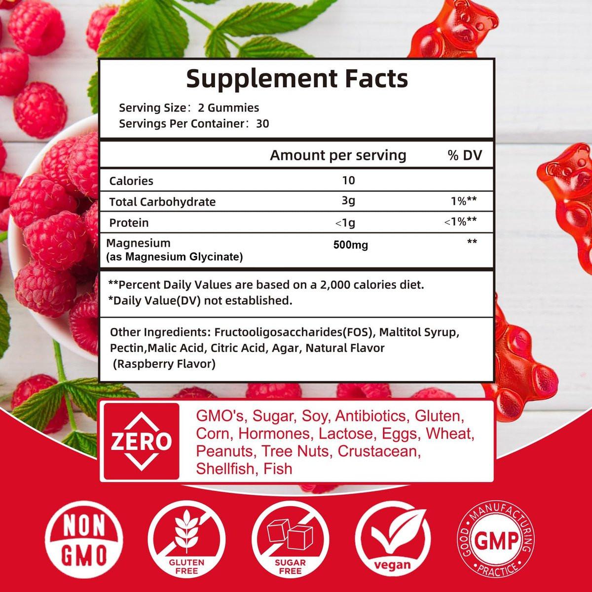 Magnesium Glycinate Gummies 500mg | Relaxation Calm Magnesium Gummies | Sugar-Free | Non-GMO | Gluten-Free | Vegan-Friendly for Adults & Kids (60 Raspberry Gummies) - görsel 8