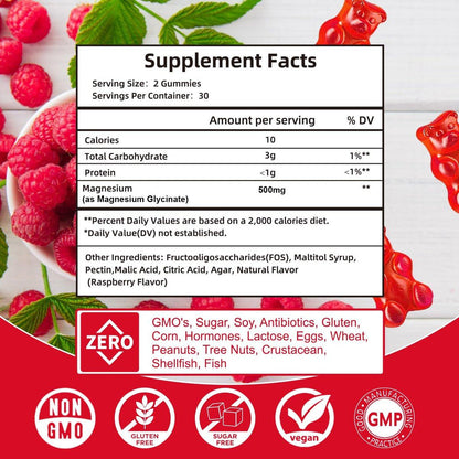 Magnesium Glycinate Gummies 500mg | Relaxation Calm Magnesium Gummies | Sugar-Free | Non-GMO | Gluten-Free | Vegan-Friendly for Adults & Kids (60 Raspberry Gummies)