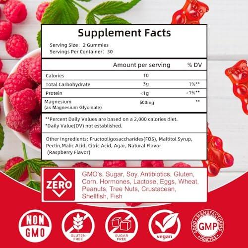 Magnesium Glycinate Gummies 500mg | Relaxation Calm Magnesium Gummies | Sugar-Free | Non-GMO | Gluten-Free | Vegan-Friendly for Adults & Kids (60 Raspberry Gummies) - görsel 7