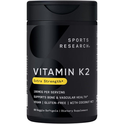Sports Research® Extra Strength Vitamin K2 as MK-7 180mcg with Coconut MCT Oil - 60 Veggie Softgels - Vegan Certified, Non-GMO Verified & Gluten-Free