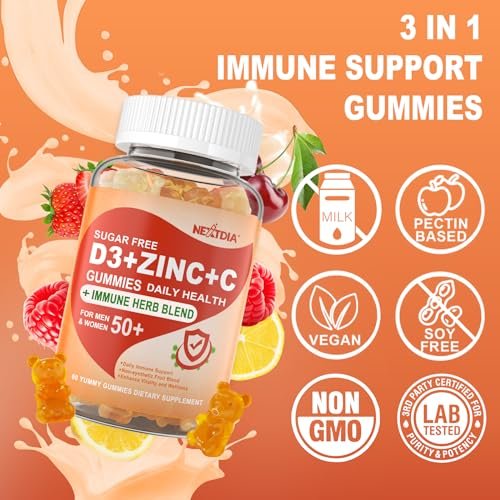 Sugar Free Vitamin C + D3 + Zinc Gummies for Adults 50+, 9 in 1 Immune Defense Supplement with D3 5000IU, Elderberry, Echinacea, Mullein Leaf for Boost Immunity, Power Antioxidant, Vegan (Pack of 1) - görsel 3