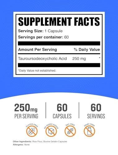 BulkSupplements.com TUDCA Capsules - TUDCA Supplement, Tauroursodeoxycholic Acid, TUDCA 250mg for Liver Support - Gluten Free, 1 Capsule per Serving, 60 Capsules (Pack of 1)