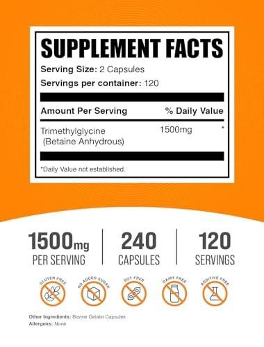 BulkSupplements.com TMG Capsules - Trimethylglycine as Betaine Anhydrous, TMG Supplement - Gluten Free, 2 Capsules per Serving (1500mg), 240 Count (Pack of 1)