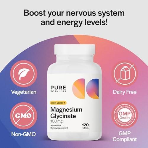 PureFormulas Magnesium Glycinate 100 mg Daily Support for Stress, Nerves, Sleep, Muscles, Metabolism Pure Magnesium Glycinate Supplement for Women and Men Magnesio Non-GMO 120 Tablets - görsel 6