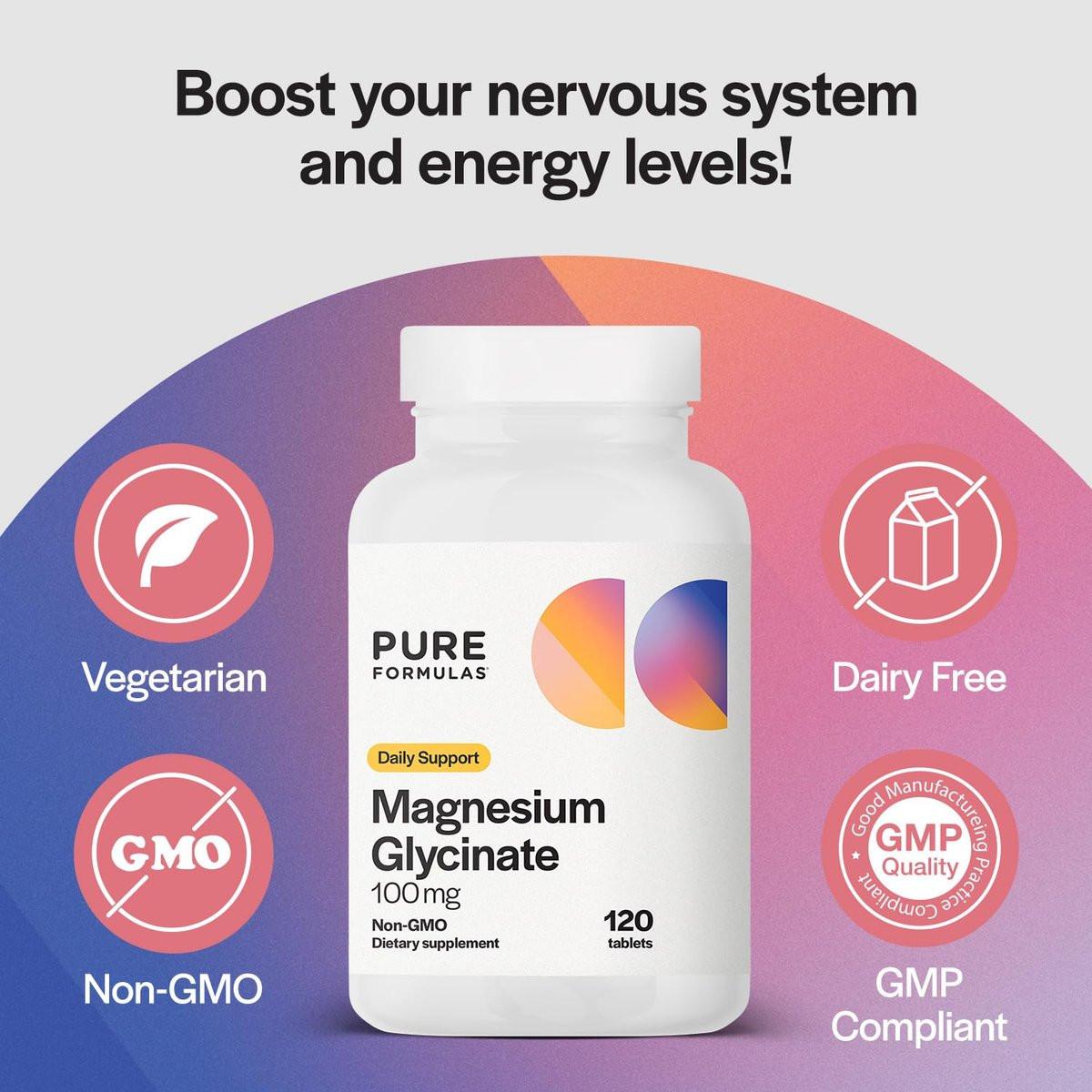PureFormulas Magnesium Glycinate 100 mg Daily Support for Stress, Nerves, Sleep, Muscles, Metabolism Pure Magnesium Glycinate Supplement for Women and Men Magnesio Non-GMO 120 Tablets - görsel 5