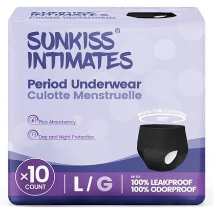 SUNKISS INTIMATES Disposable Period Underwear for Women with Heavy Flow, Low-Rise Unscented Postpartum Essentials, Black, Large, 10 Count
