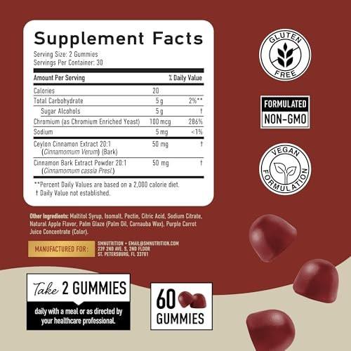 SMNutrition Sugar-Free Cinnamon Gummies with Ceylon Cinnamon & Cassia Complex | Sugar-Free Lifestyle Supplement & Guilt-Free Apple Pie Flavor with Chromium | Vegan, Non-GMO, Gluten-Free | 60 Gummies - görsel 1