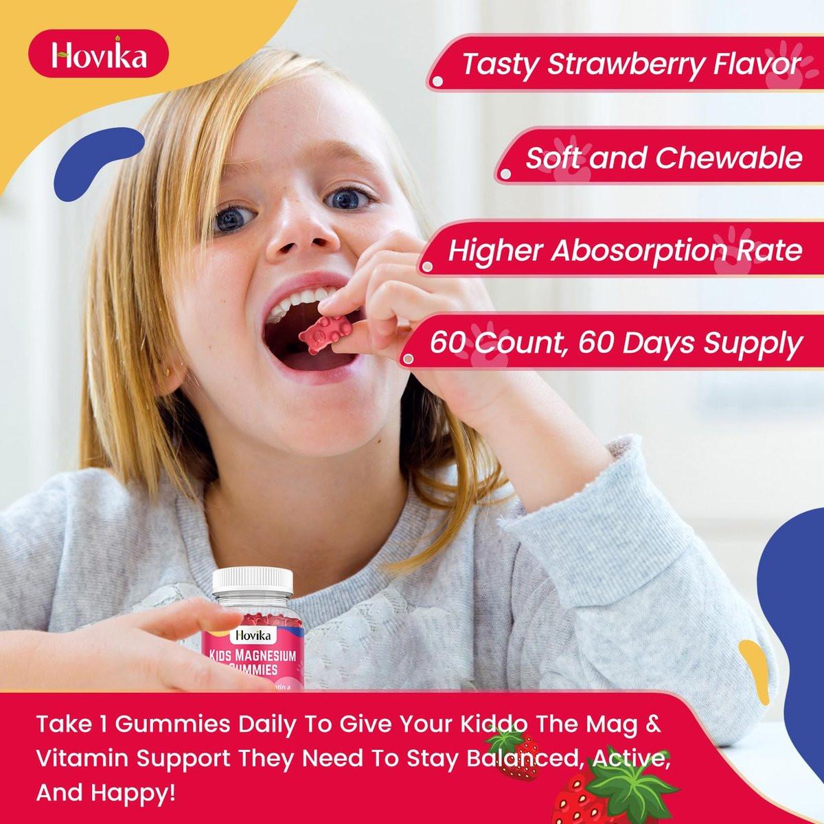 Magnesium Gummies for Kids - Magnesium Citrate + Vitamin B6 & D3 - Great Tasting Kids Magnesium Calm Gummies for Nerve Bone and Muscle Health for Kids Wellness, Vegan Strawberry Flavor 60 Count - görsel 6