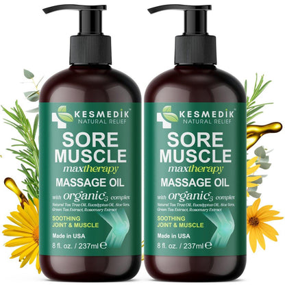 Sore Muscle Massage Oil for Massage Therapy with Arnica, Eucalyptus & Tea Tree Oil Blend for Deep Muscle Relief, Recovery, Softens Skin & Anti-Cellulite Massage for Professional & Home Use, 2-Pack